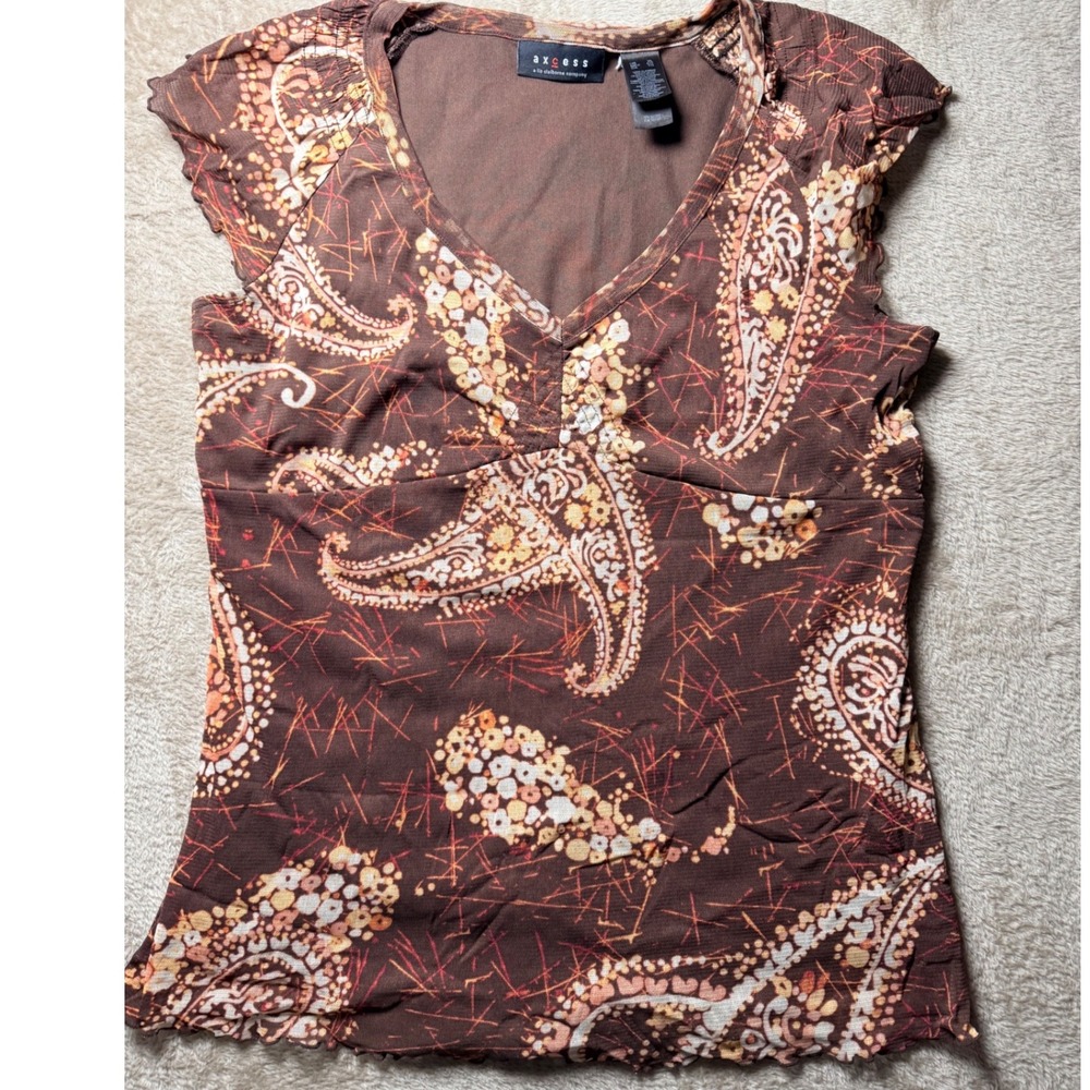 Y2K Axcess Liz Claiborne Brown Paisley Mesh Top Cowgirl Festival Boho Whimsigoth